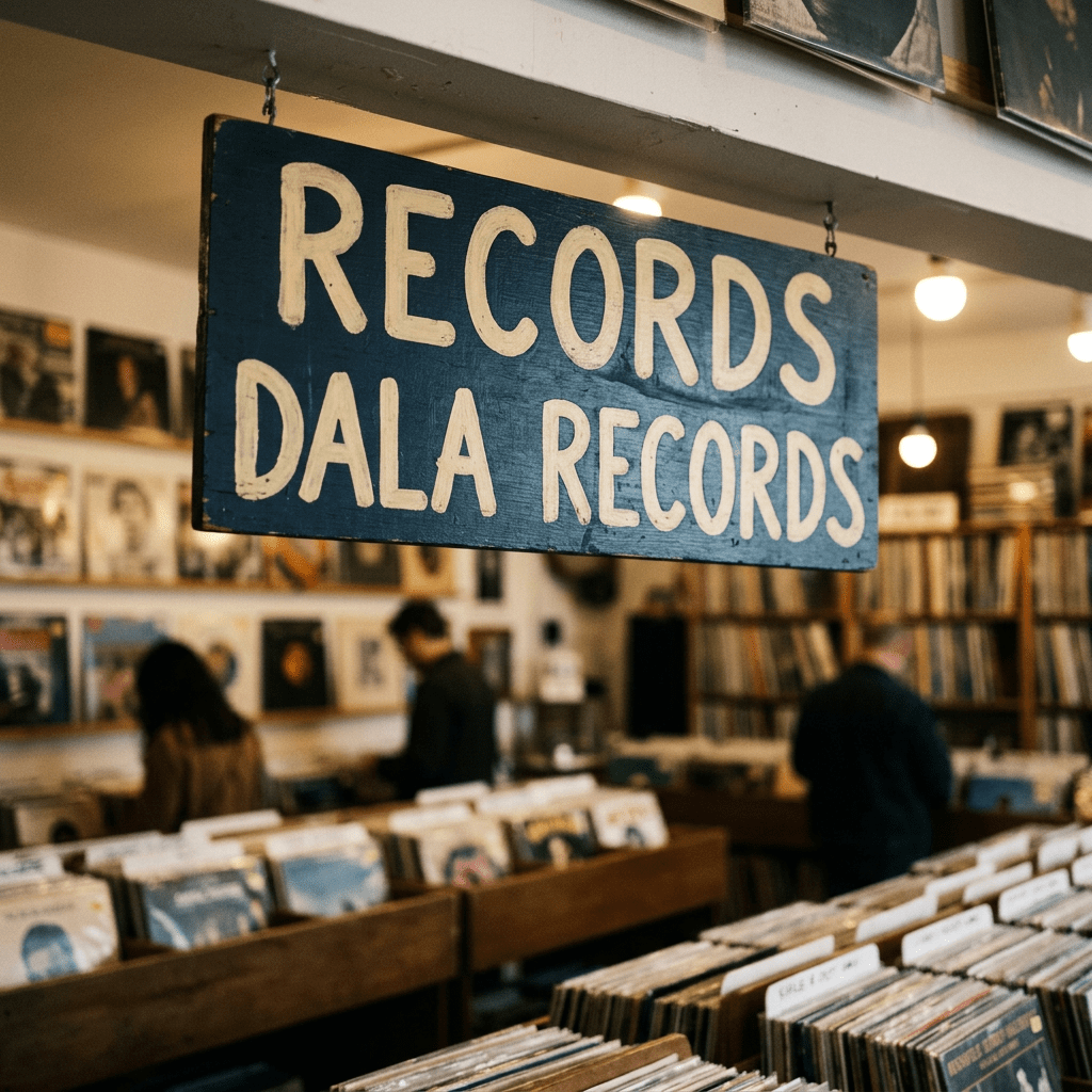 Record store sign reading 'RECORDS DALA RECORDS' hanging above rows of vinyl records and people browsing
